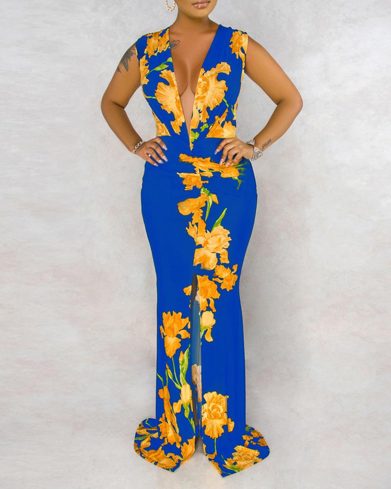 

Floral Print Plunge High Slit Sleeveless Maxi Dress, Blue