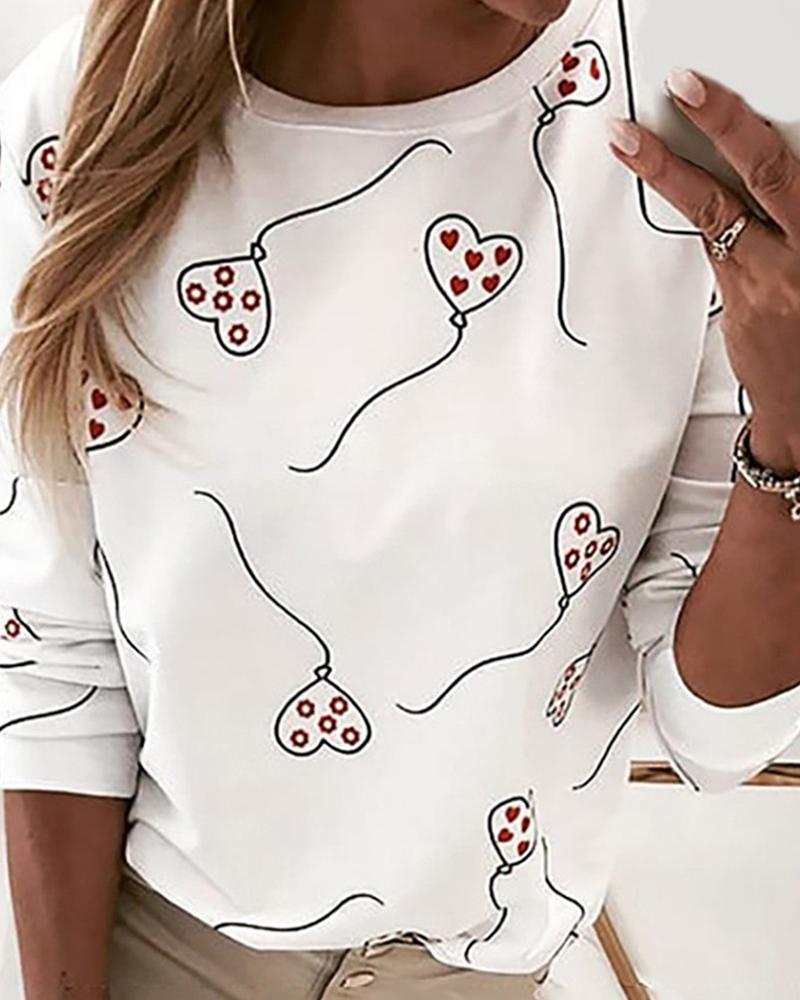 

Heart Print Long Sleeve Sweatshirt, White