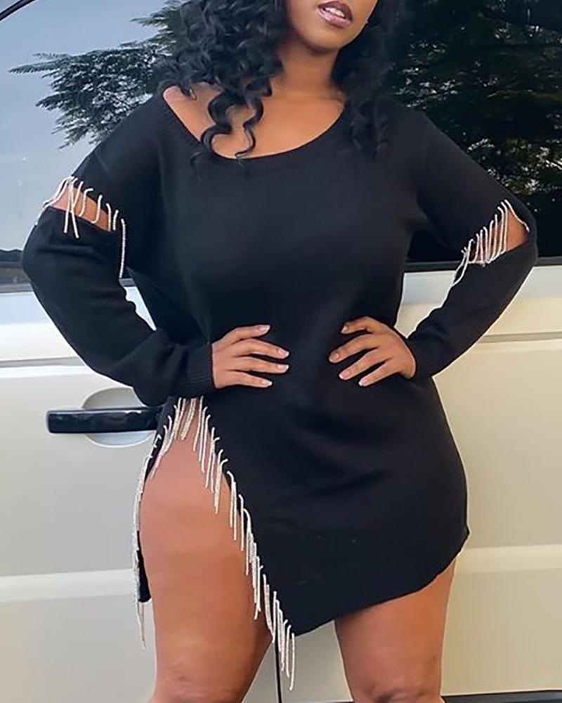 

Tassel Cut Out Slide Slit Blouse, Black