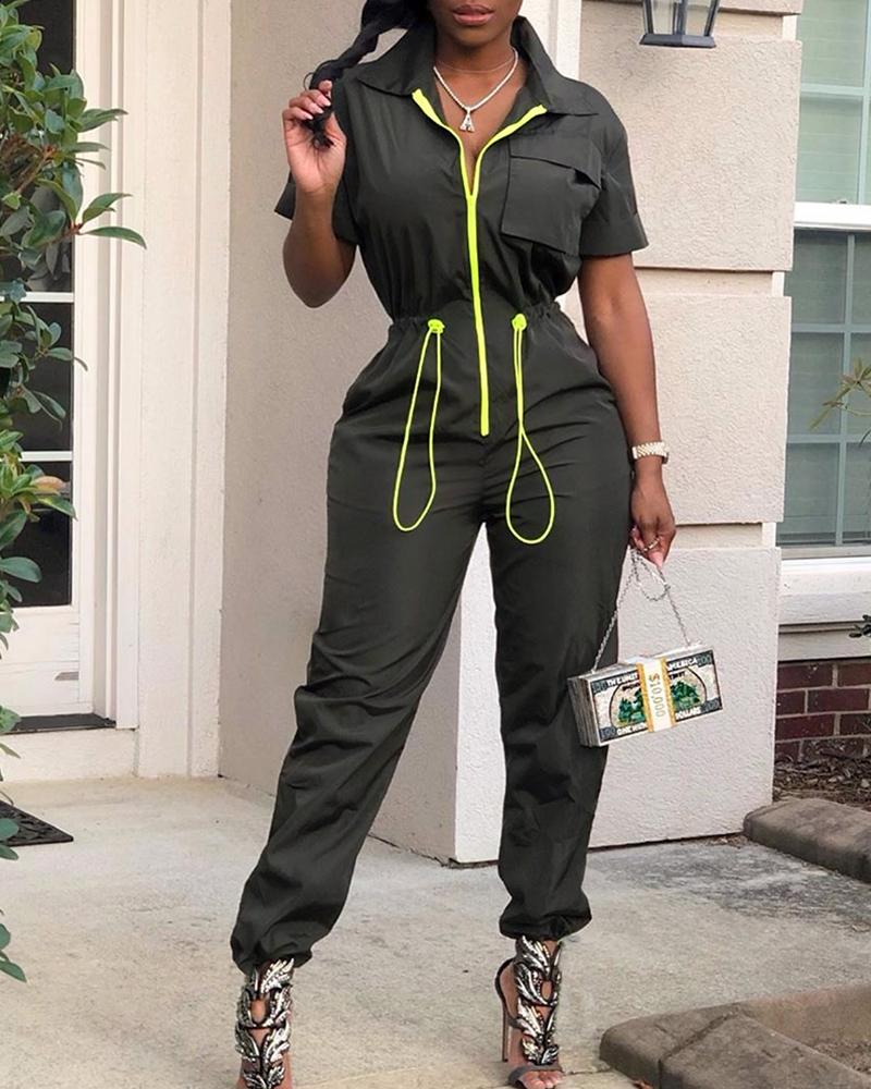 

Colorblock Drawstring Design Casual Jumpsuit, Army green