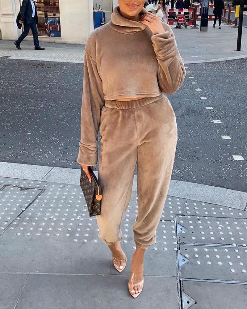 

High Neck Top & Pants Jogger Set, Khaki