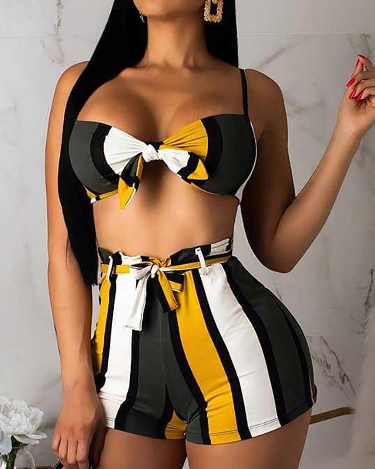 

Colorful Striped Knotted Bra Top & Shorts Set, Multicolor