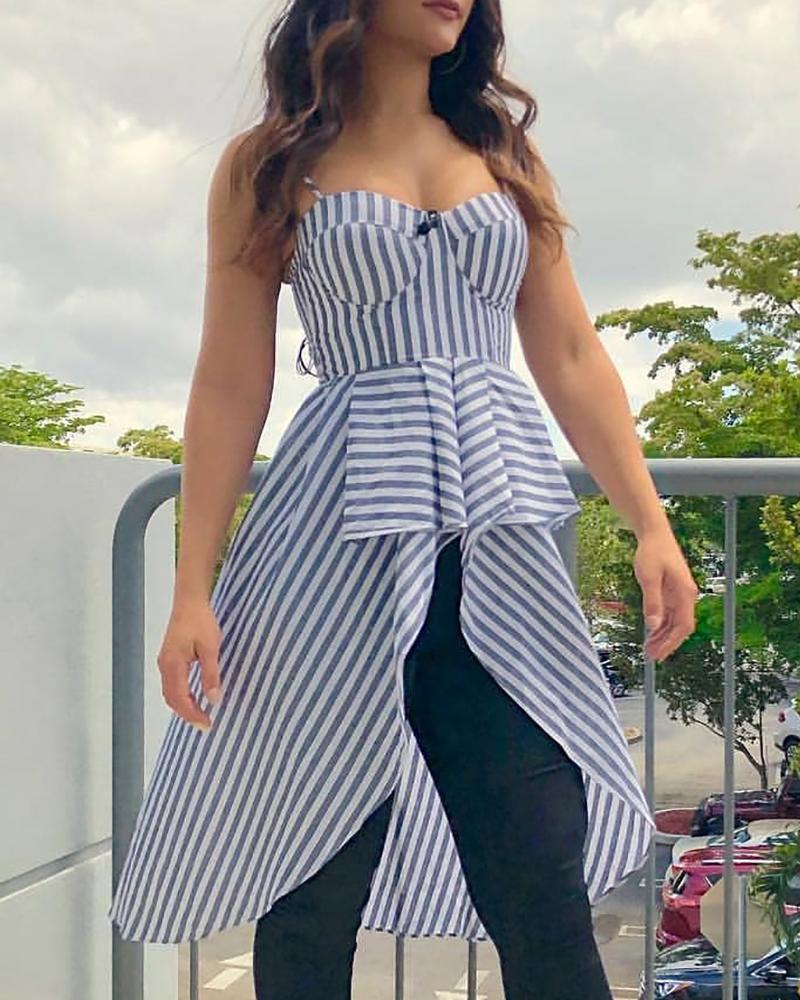 

Striped Spaghetti Strap Ruffles Dip Hem Blouse