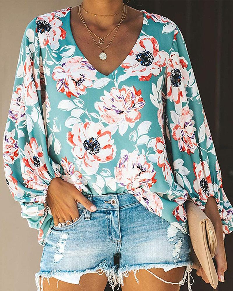 

Lantern Sleeve V Neck Floral Print Blouse, Green