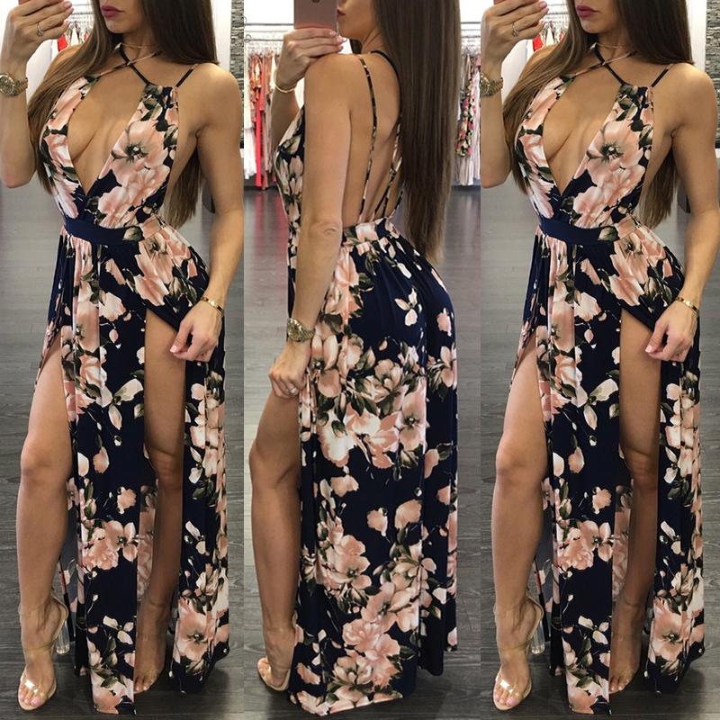 

Deep V Floral Crisscross Back High Slit Maxi Dress, Black