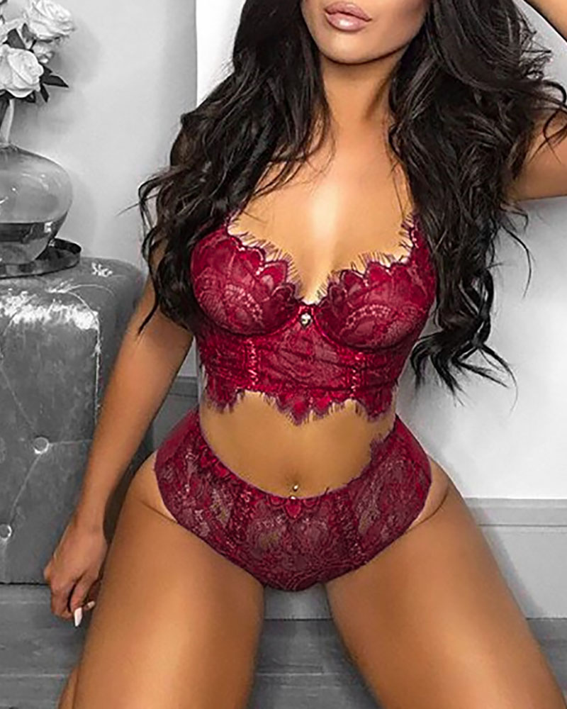 

Spaghetti Strap Eyelash Lace Lingerie Set, Wine red