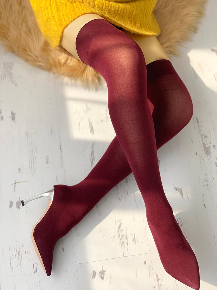 

Solid Pointed Toe Metallic Heeled Thigh High Boots, Wine red
