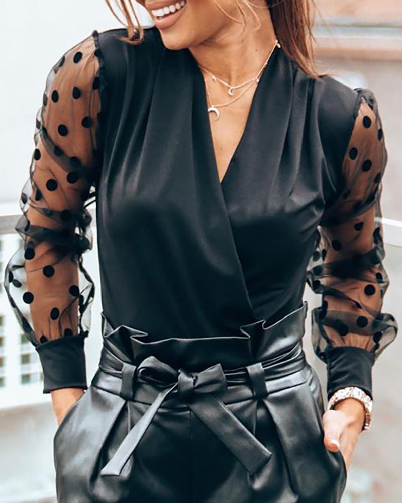 

Sheer Mesh Dot Wrap Blouse, Black