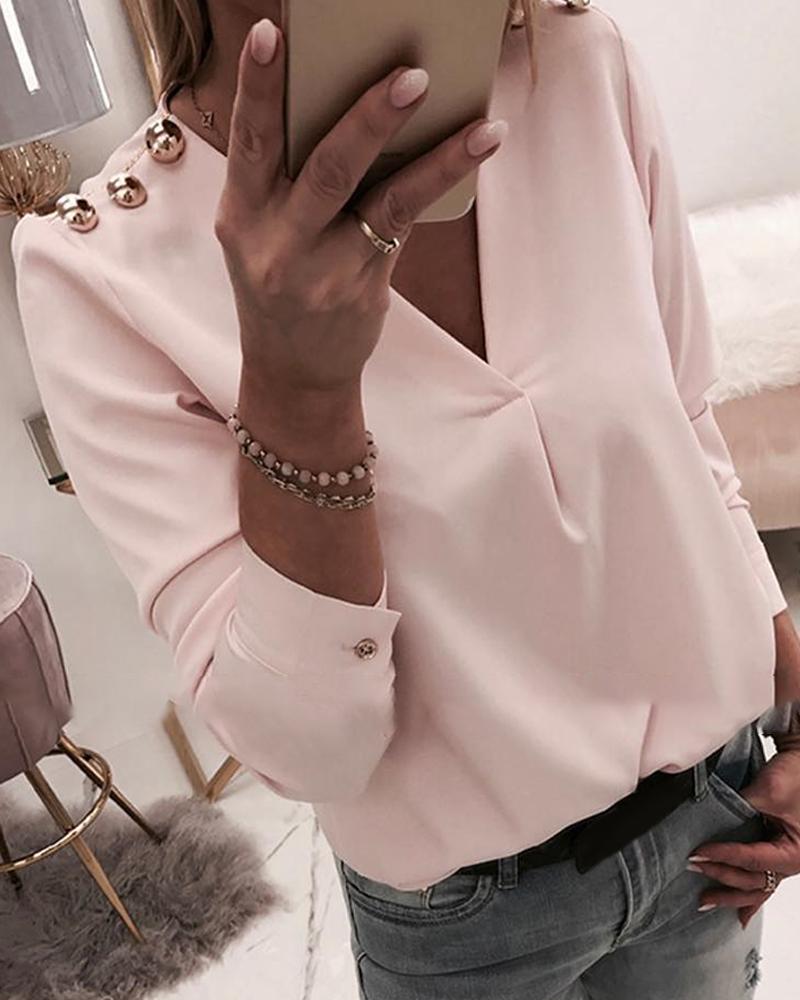 

Solid Deep V Metal Buttoned Blouse, Light pink