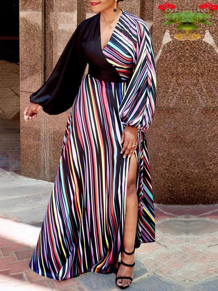 

Multicolored Striped Patchwork Thigh Slit Maxi Dress, Multicolor