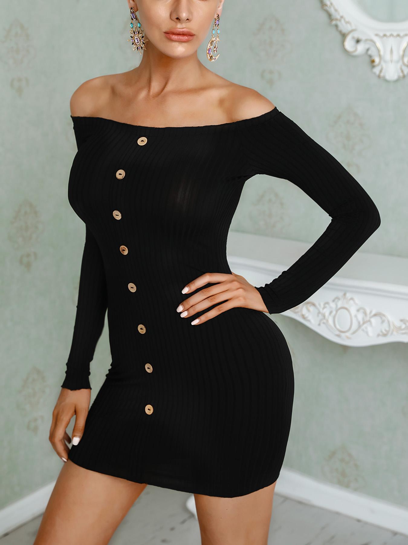 

Sexy Off Shoulder Button Bodycon Mini Dress
