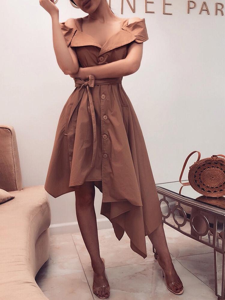 

Solid Cold Shoulder Button Irregular Belted Dress
