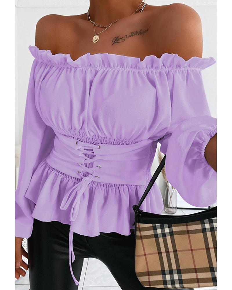 

Off Shoulder Lace-up Front Casual Blouse, Purple