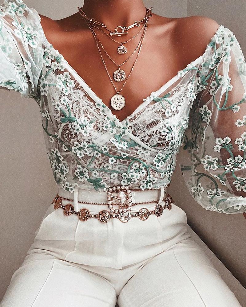 

Floral Embroidered V Neck Top, White