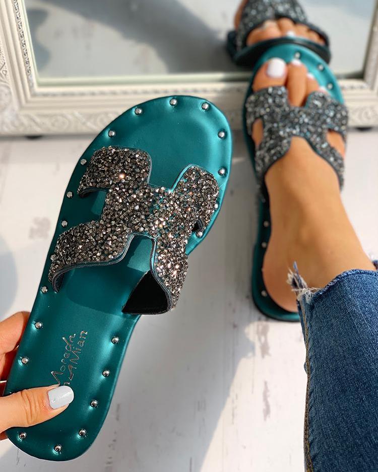 

Sequins Pattern Cut Out Flat Sandals, Green