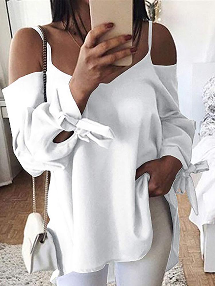 

Spaghetti Strap Cold Shoulder Tied Sleeve Blouse
