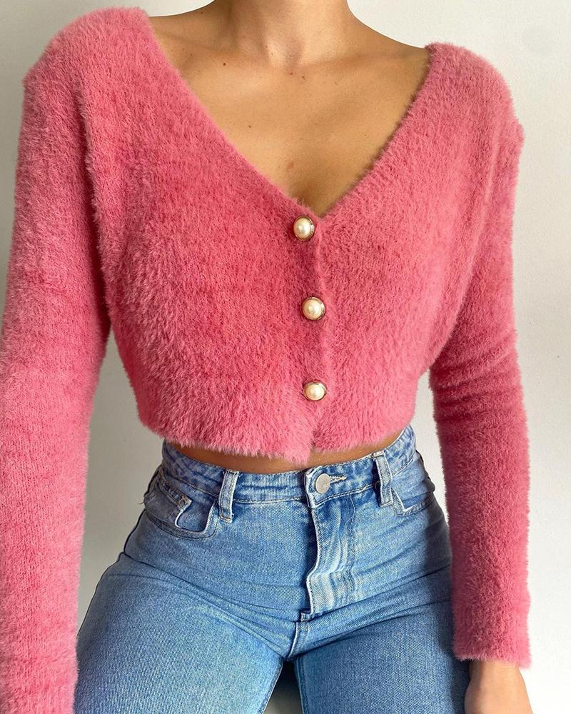 

Buttoned Plain Long Sleeve Fluffy Sweater, Red