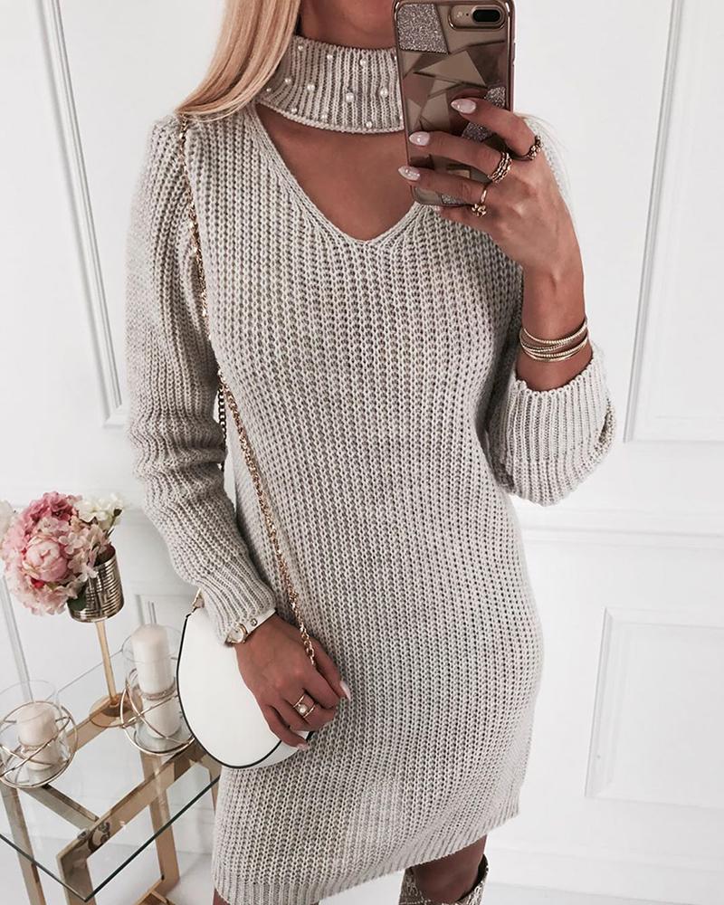 

Beaded Knit Cutout Front Long Sleeve Dress, Gray