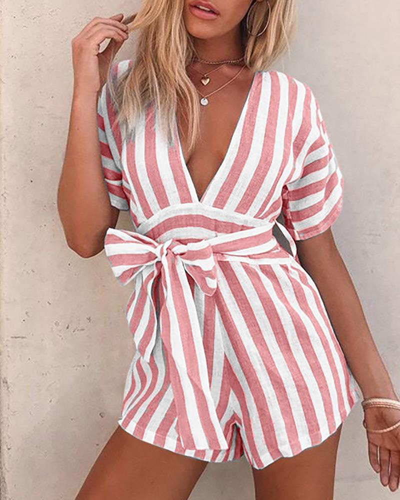 

Striped Colorblock Plunge Casual Romper, Pink