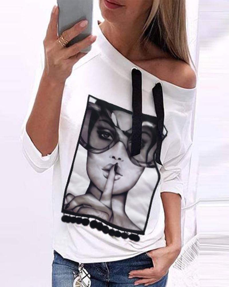 

Figure Print Eyelet Lace-up Long Sleeve Sweatshirt, White