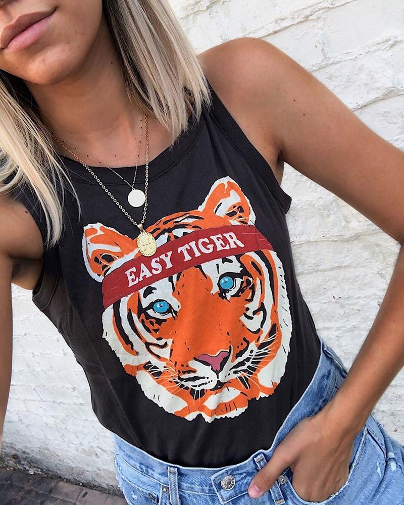 

Tiger Print Casual Tank Top, Black