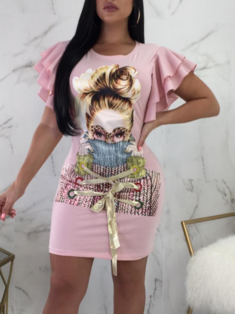

Characters Print Lace-up Flutter Sleeve Bodycon Dress, Pink