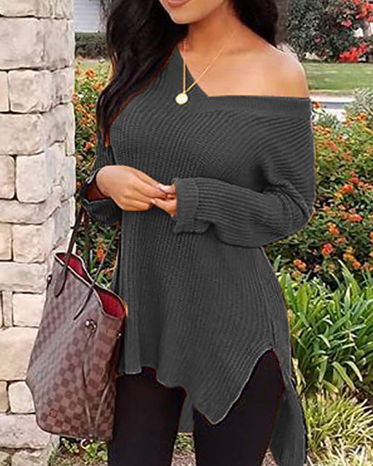 

Solid Long Sleeve Side Slit Dip Hem Sweater, Gray