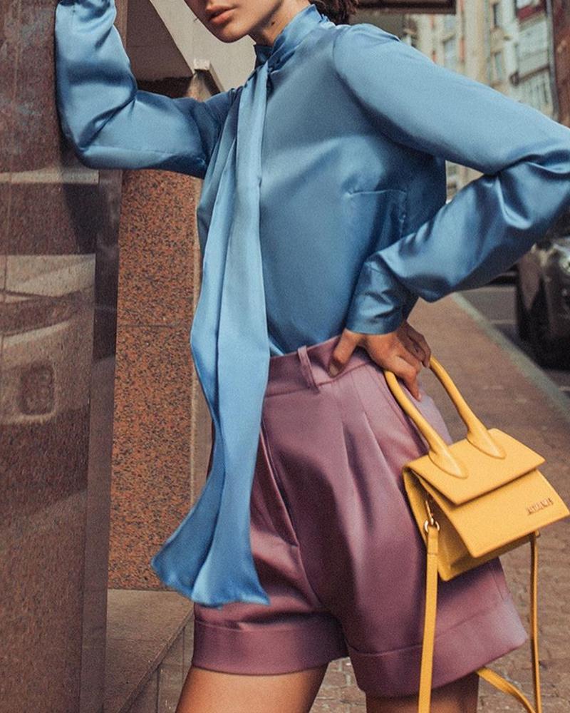 

Solid High Neck Tied Lantern Sleeve Blouse, Blue