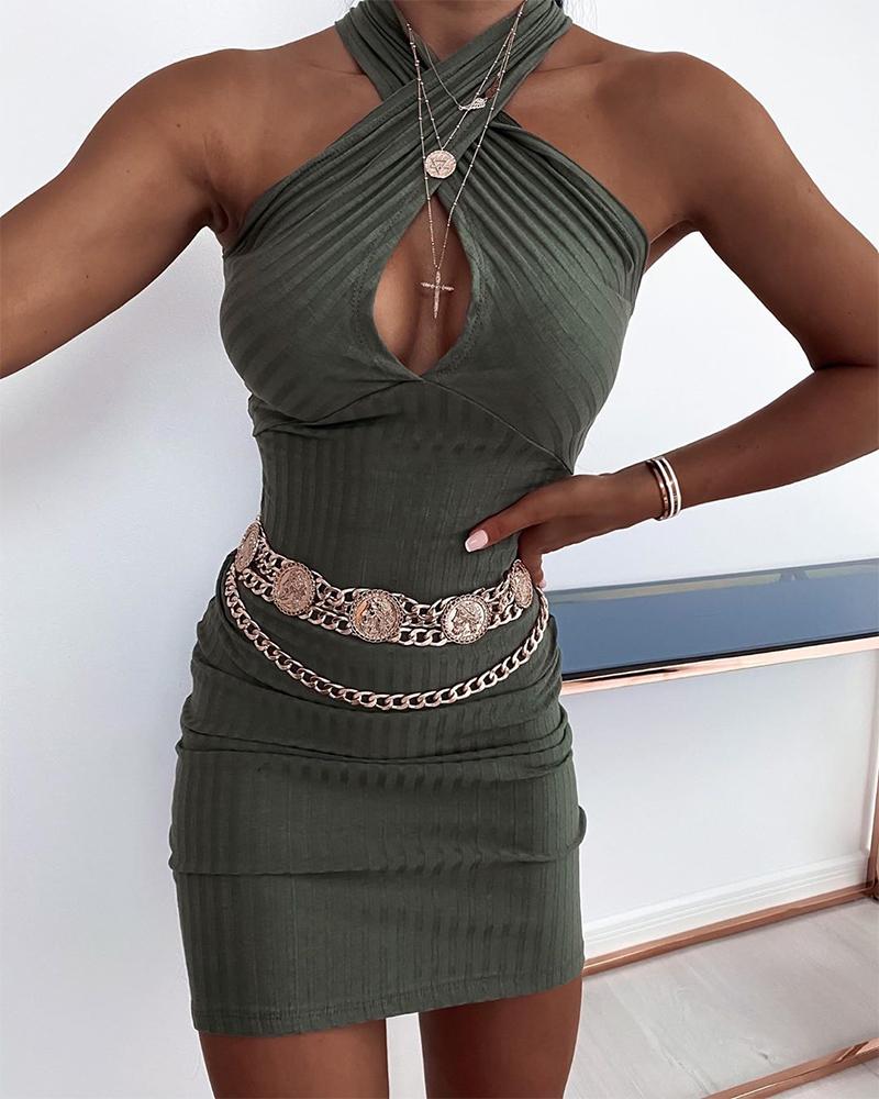 

Fashionable Sexy Halter Hollow Dress, Green
