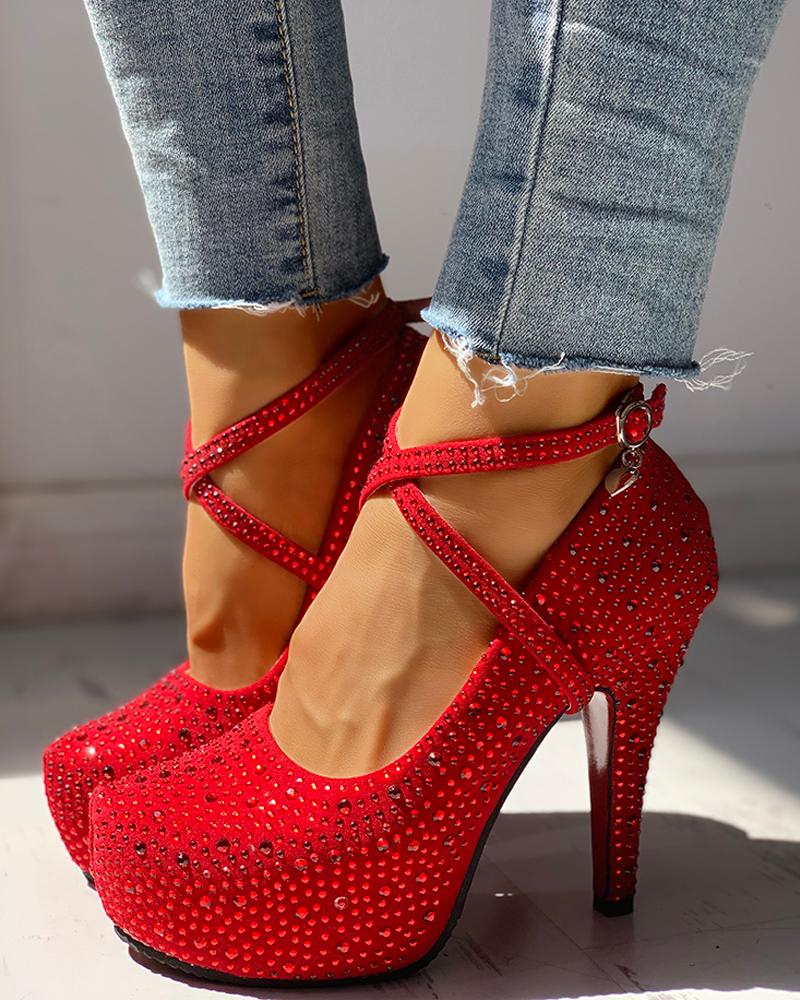 

Studded Crisscross Strap Ankle Buckled Platform Thin Heels, Red