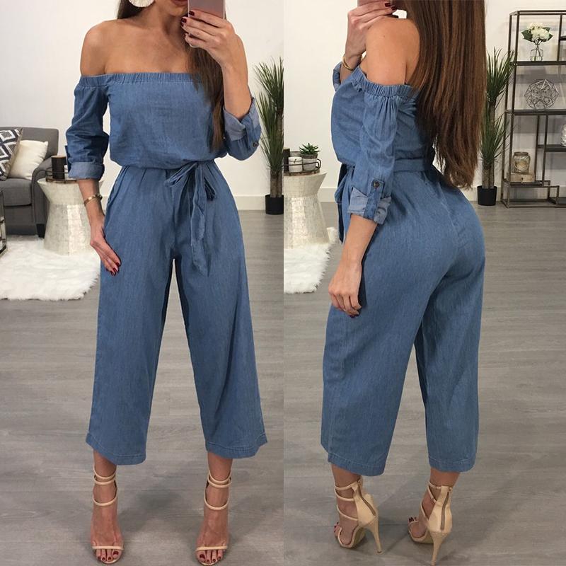 

Stretchy Off Shoulder Belted Wide Leg Jumpsuit, Dark blue