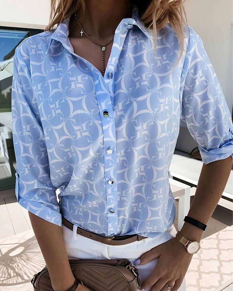

Letter Print Button Design Casual Shirt, Blue