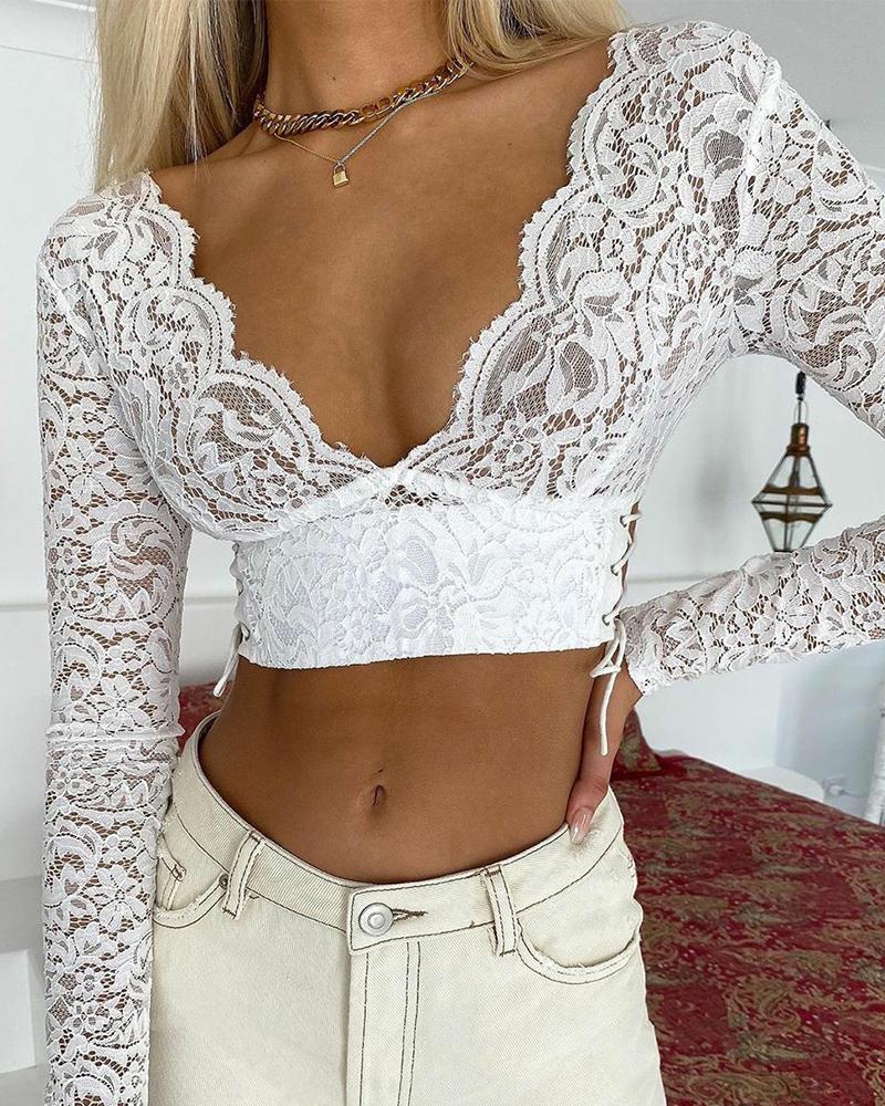 

Solid Lace Splicing Long Sleeve Cropped Blouse, White