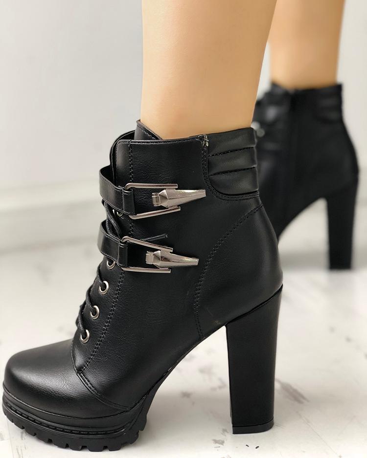 

Lace-Up Buckle Platform Chunky Heeled Ankle Boots, Black