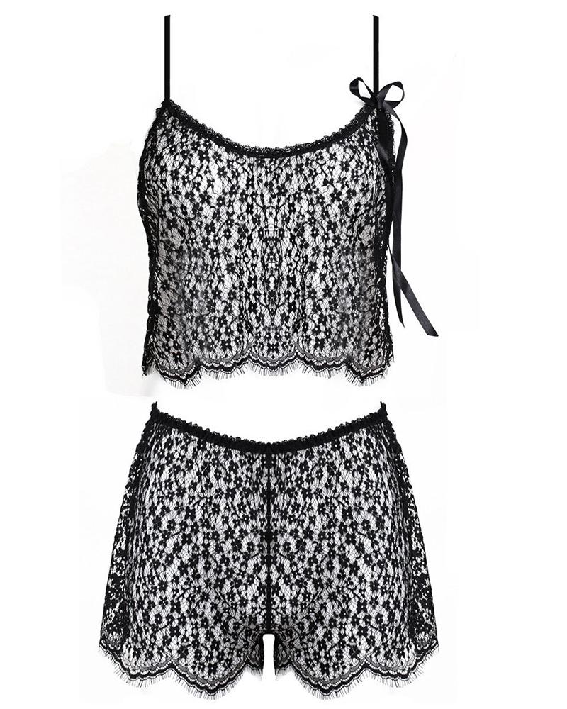 

Scallop Trim Floral Lace Cami Set, Black