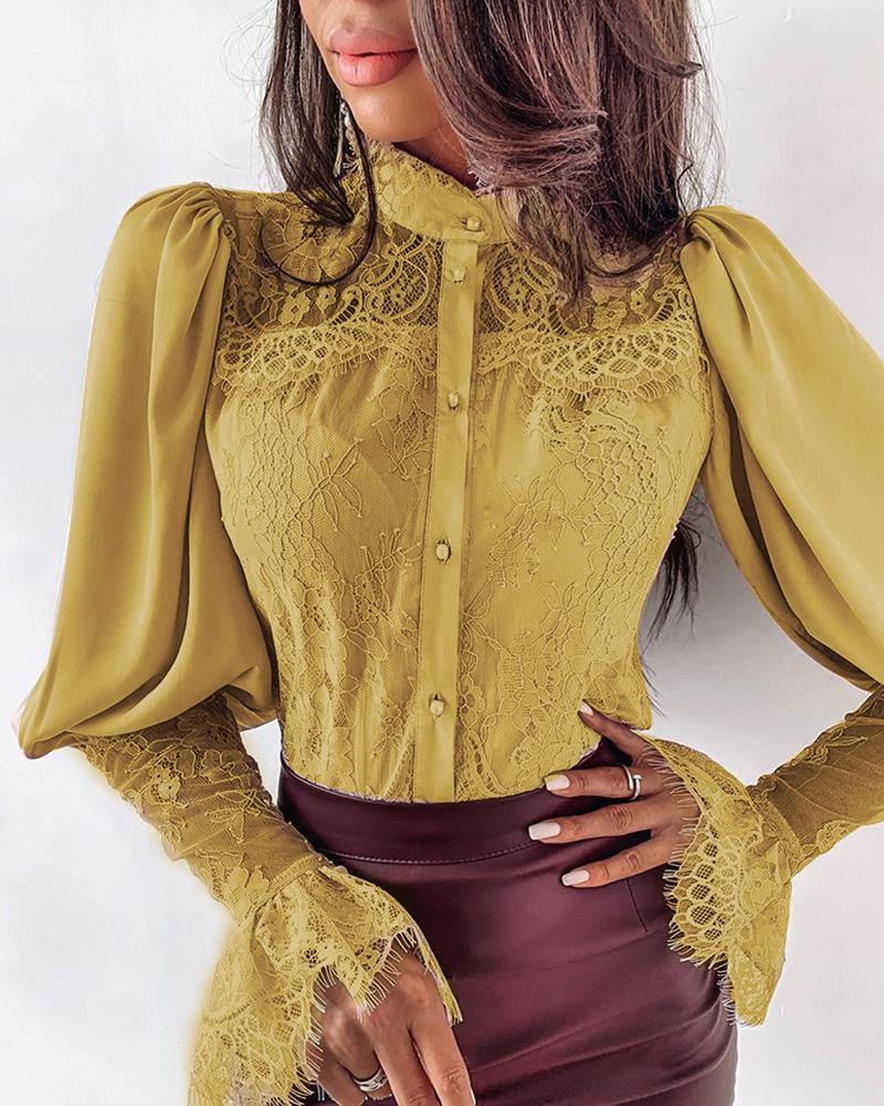 

Lace Patchwork Puff Sleeve Buttoned Blouse, Yellow