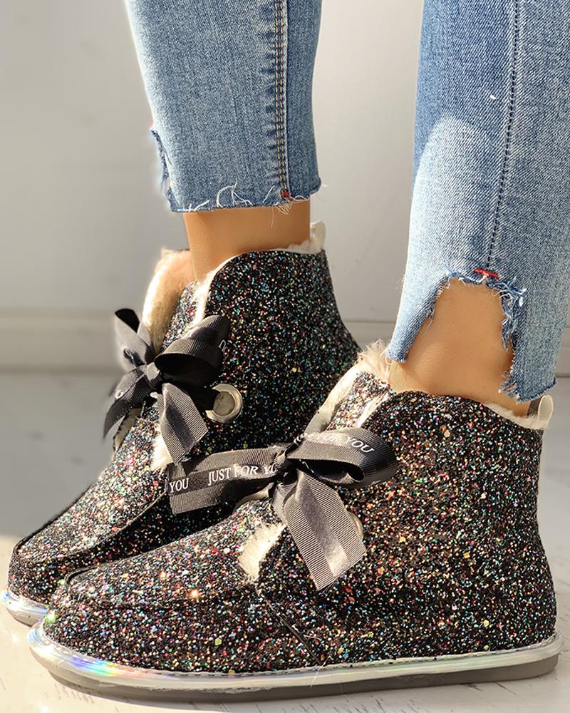 

Glitter Tied Sequins Flat Ankle Boots, Black