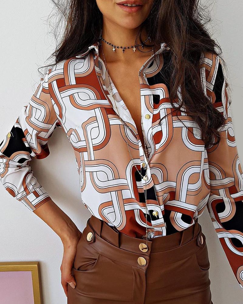 

Geometry Print Colorblock Button Design Shirt, Coffee