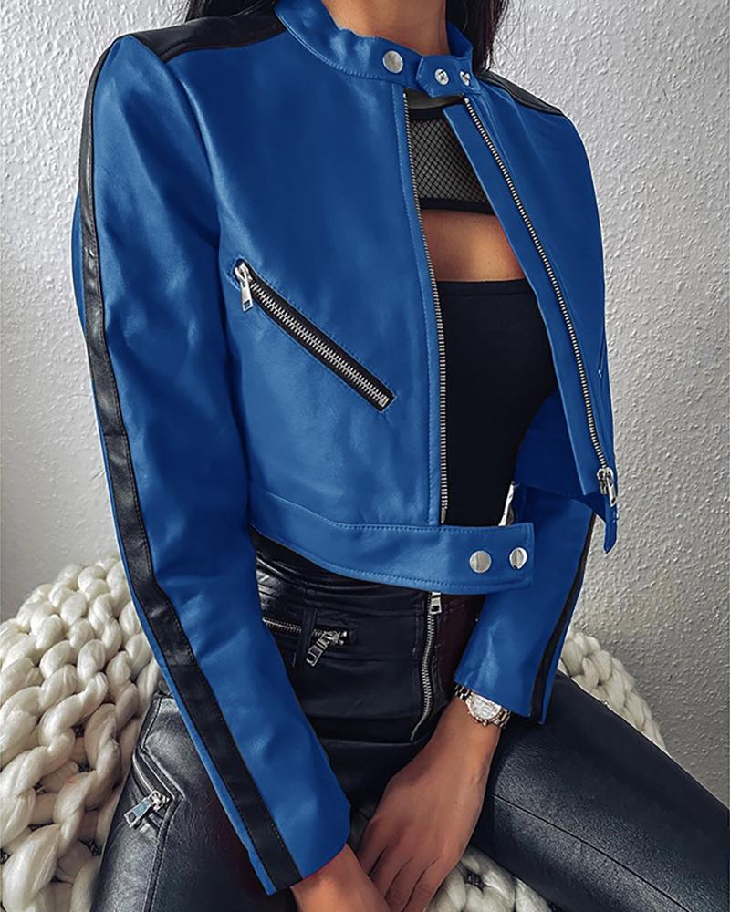 

Zipper Design Colorblock Long Sleeve Jacket, Dark blue