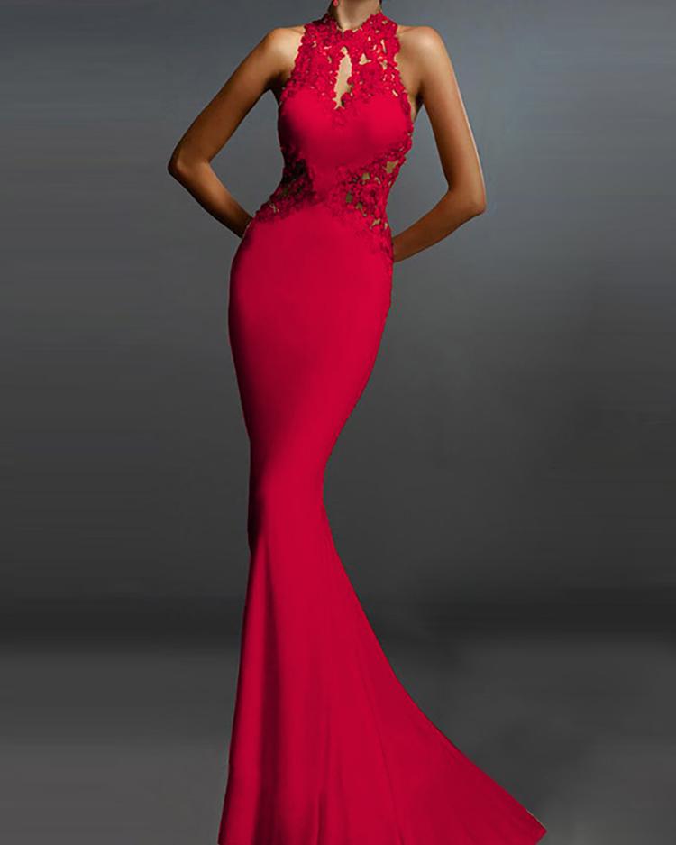

Asymmetric Lace Crochet Open Back Evening Dress, Red