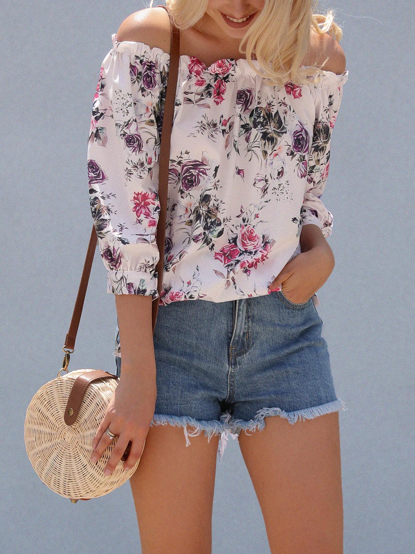

Off Shoulder Shirring Floral Print Loose Blouse, Pink