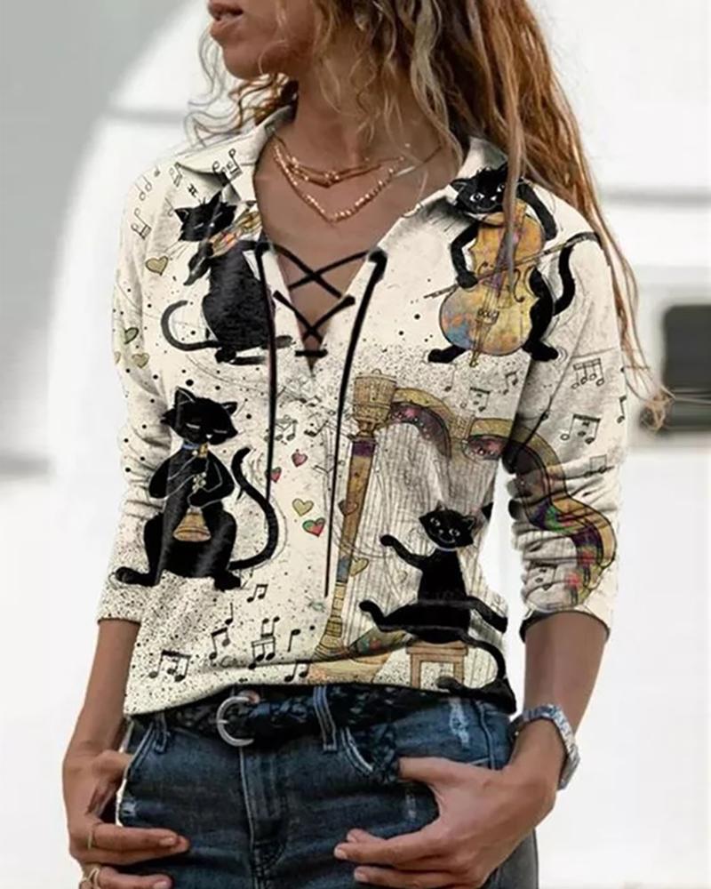 

Lace-up Cat Graphic Print Shirt, Apricot