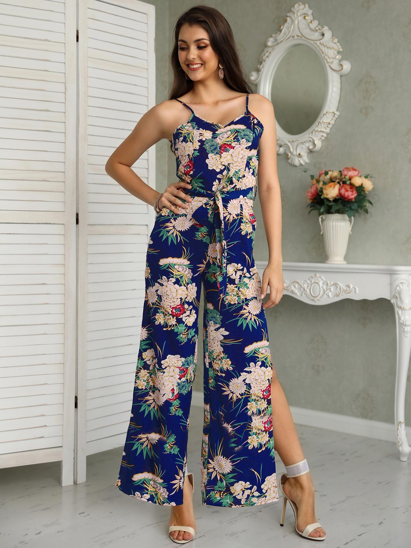 

Floral Print Tied Waist Slit Spaghetti Strap Jumpsuit