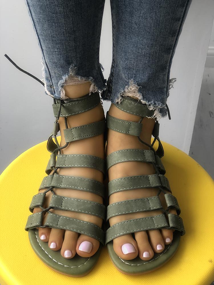 

Solid Multi-strap Strappy Flat Sandals, Army green
