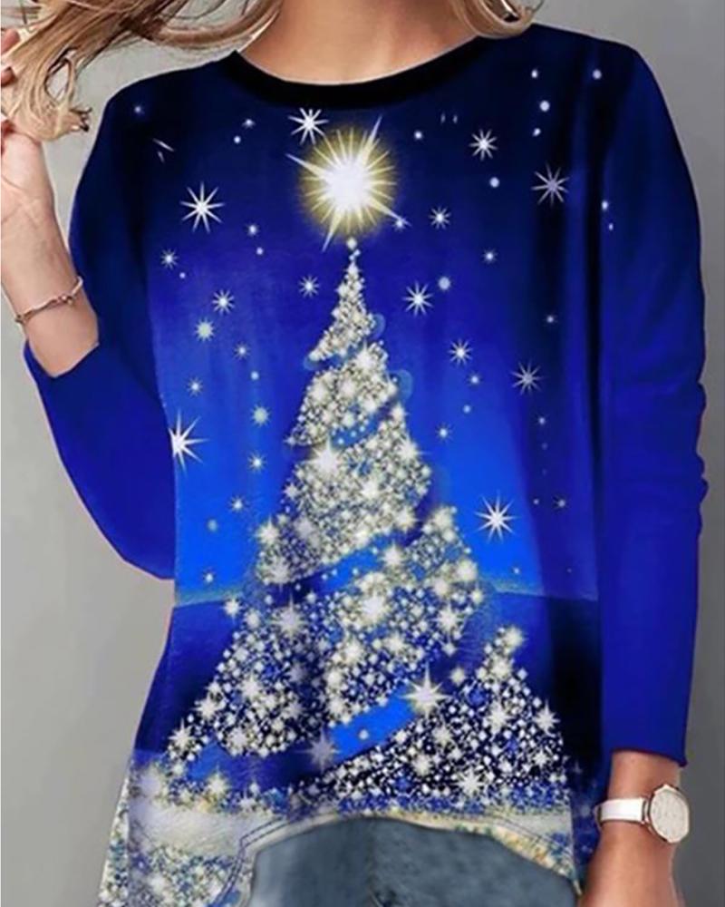 

Christmas Tree Print Colorblock Casual Sweatshirt, Dark blue