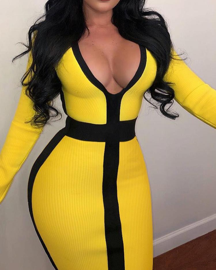 

Contrast Color Long Sleeve Bodycon Dress, Yellow