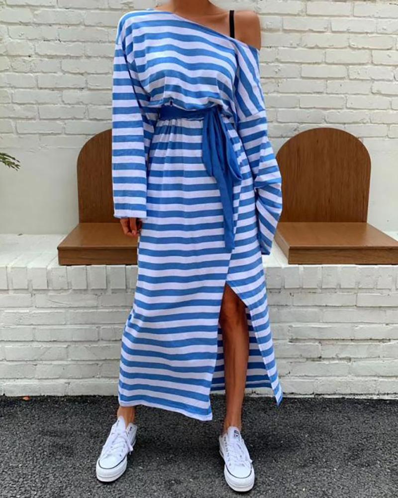 

Striped Colorblock One Shoulder High Slit Maxi Dress, Blue