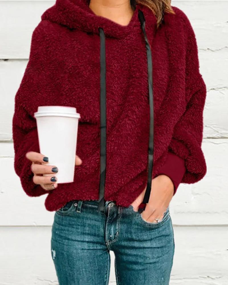 

Plain Long Sleeve Hooded Teddy Sweatshirt, Wine red