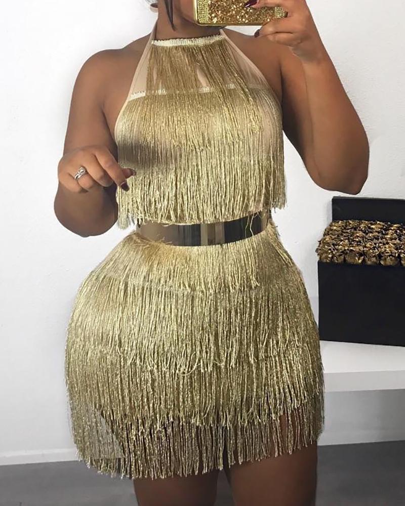 

Glitter Halter Tassel Bodycon Dress, Gold