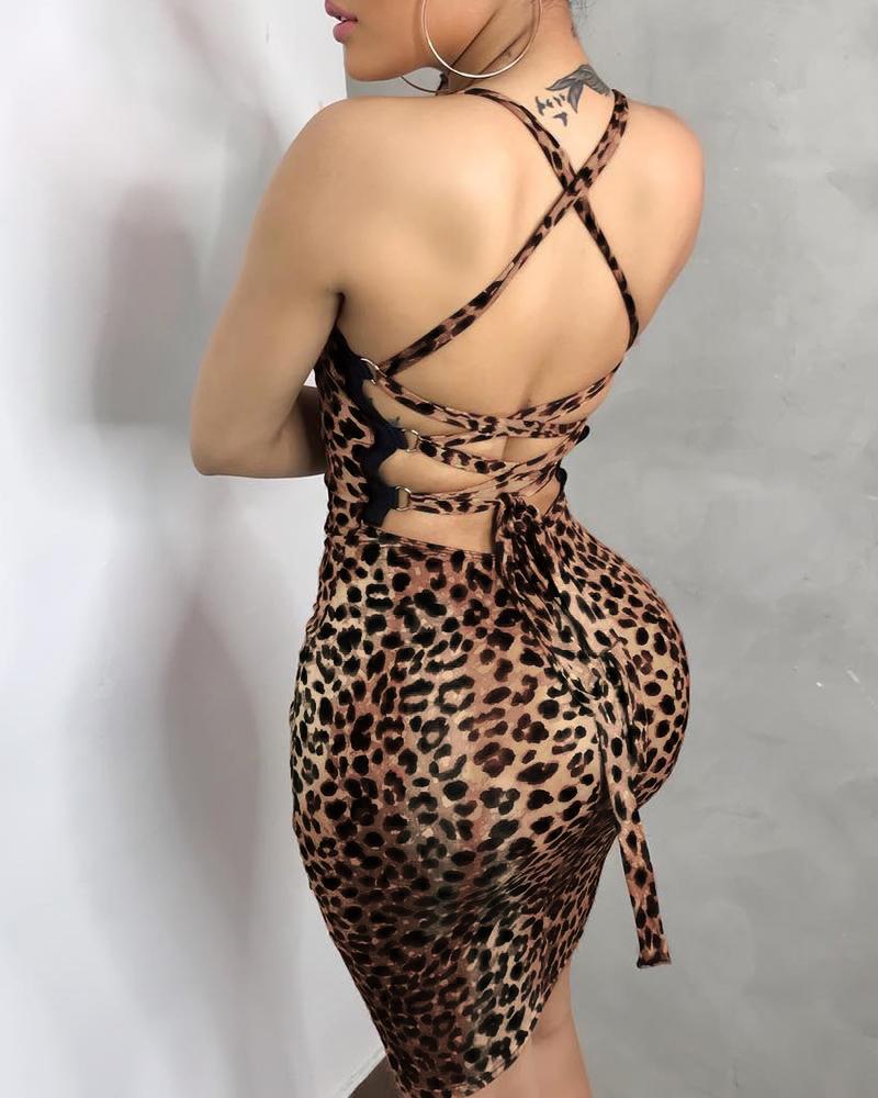 

Leopard Lace-Up Backless Design Bodycon Dress